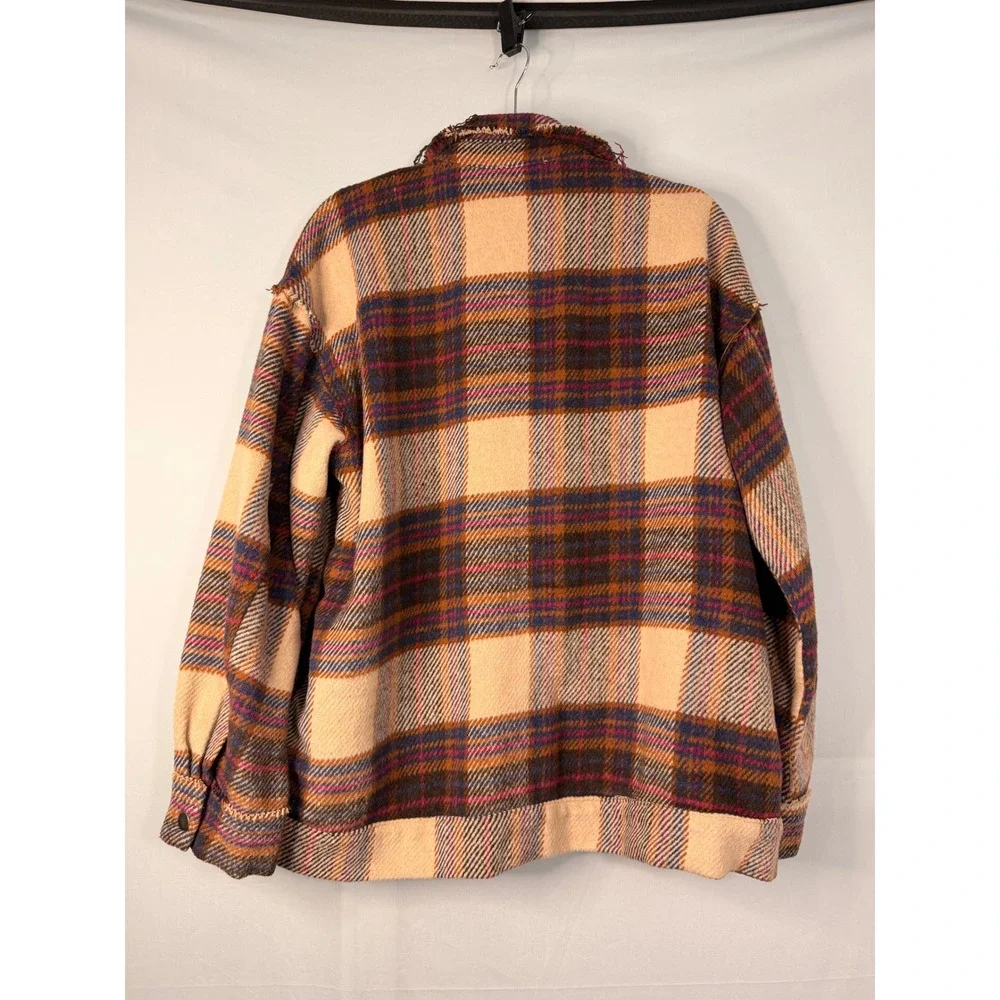 La Miel Plaid Wool Blend Shacket Womens Medium Tan Blue‎ Distressed JKT1797